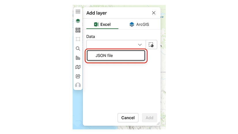 ArcGIS for Excel tab with options to select JSON file