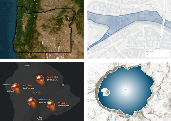 Clockwise from top left: Oregon with a shadow-like gradient stroke around the state boundary. The Spree drawn in watercolor style with a gradient stroke around the river bank. Crater lake drawn with a gradient fill to look like a reflection. Volcanoes in Hawaii marked by glassy orbs made of gradient fills.