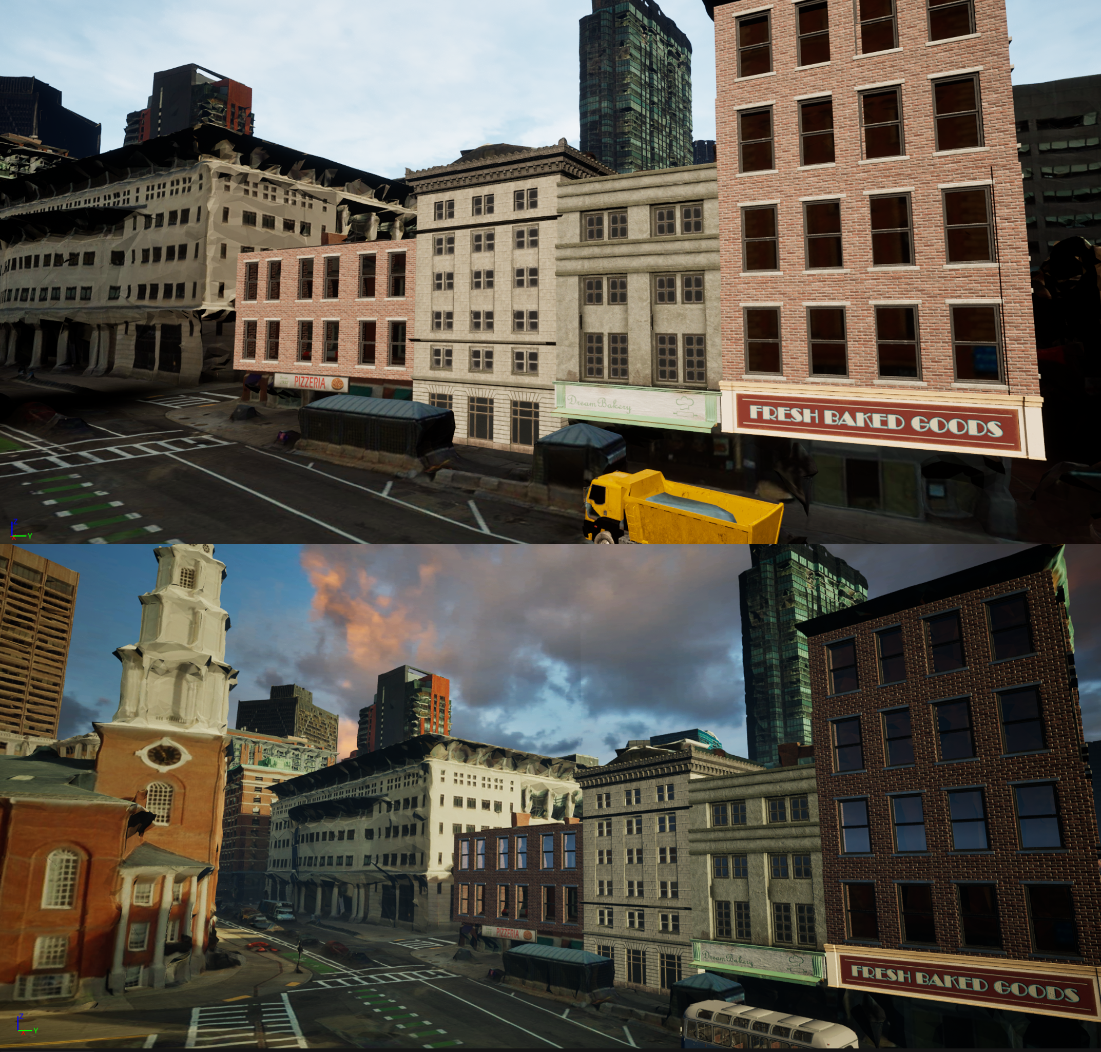 Before and after touching up the lighting and sky atmosphere in the scene.