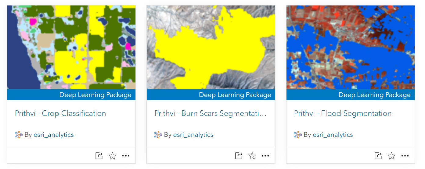 Task-specific variants of Prithvi are available as deep learning packages on ArcGIS Living Atlas.