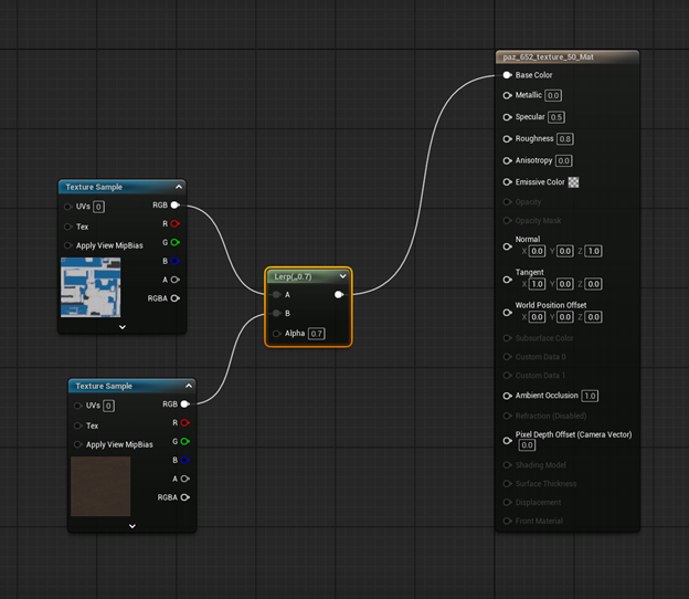This material setup blends two texture samples using a Linear Interpolation (Lerp) node.
