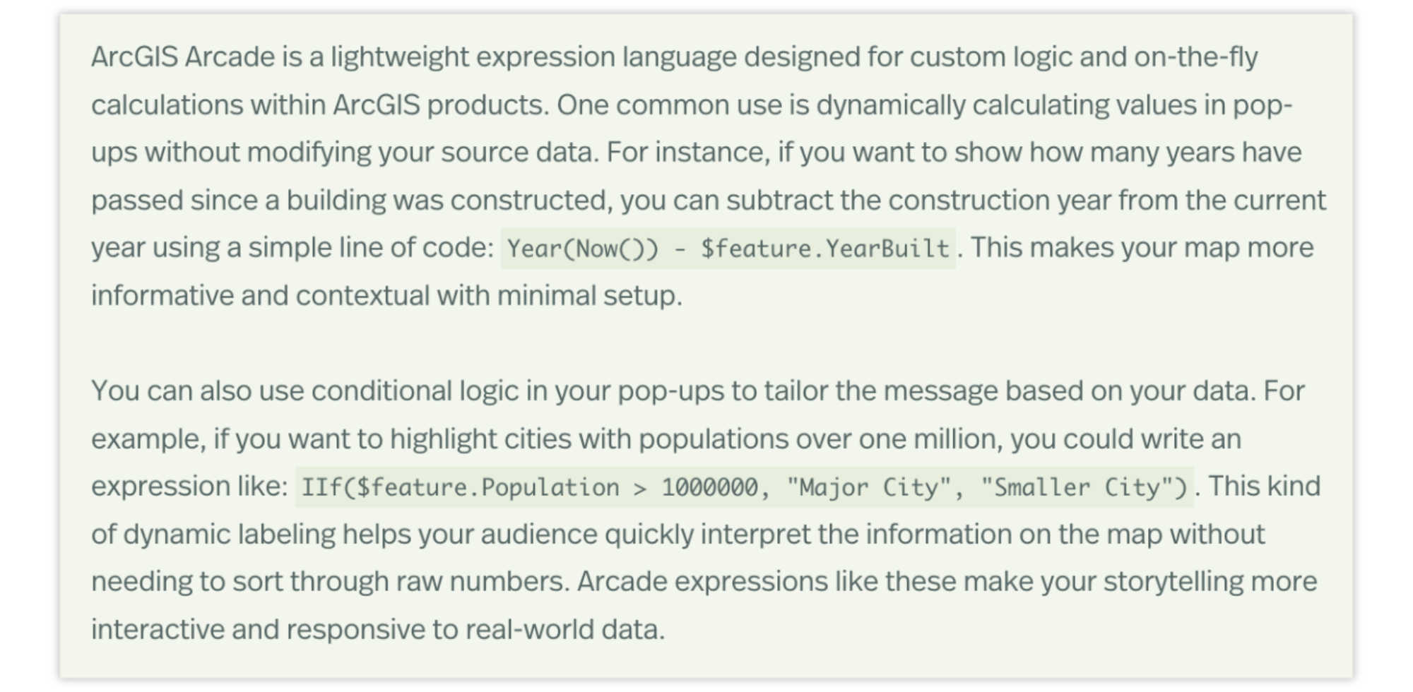 A screenshot showing the inline code text format in a story created using ArcGIS StoryMaps.