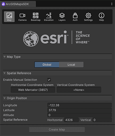 Editor support for setting a map spatial reference has been added to the Map tab in the Map Creator UI.