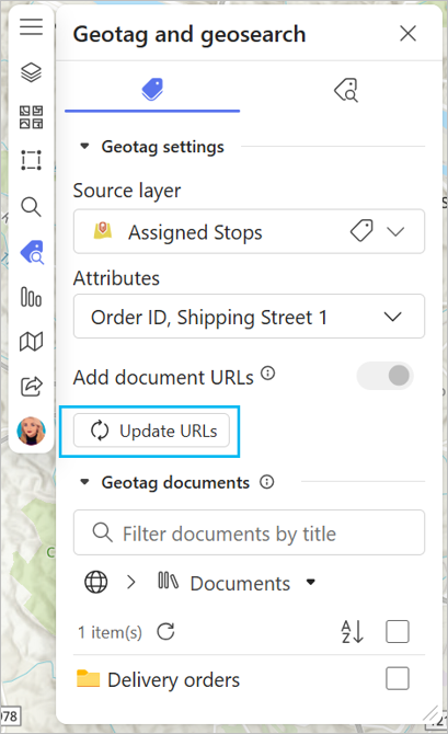 Geotag and geosearch pane in ArcGIS for SharePoint with the Update URLs button highlighted