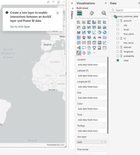 The Join layer field well is shown with the state field added and also shown is the Go to join layer message.