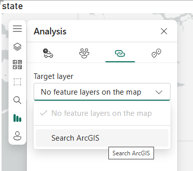 The Target layer drop-down menu is shown with option Search ArcGIS.