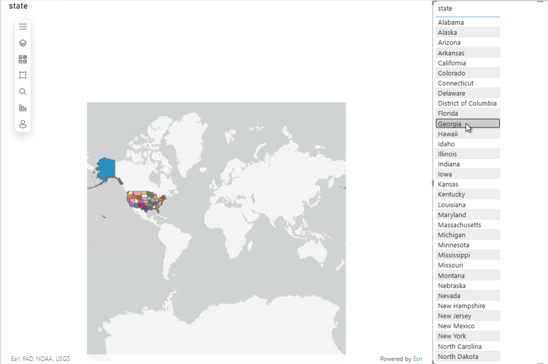 Map is showing world after zooming back out when state of Georgia is deselected in the Table visual.