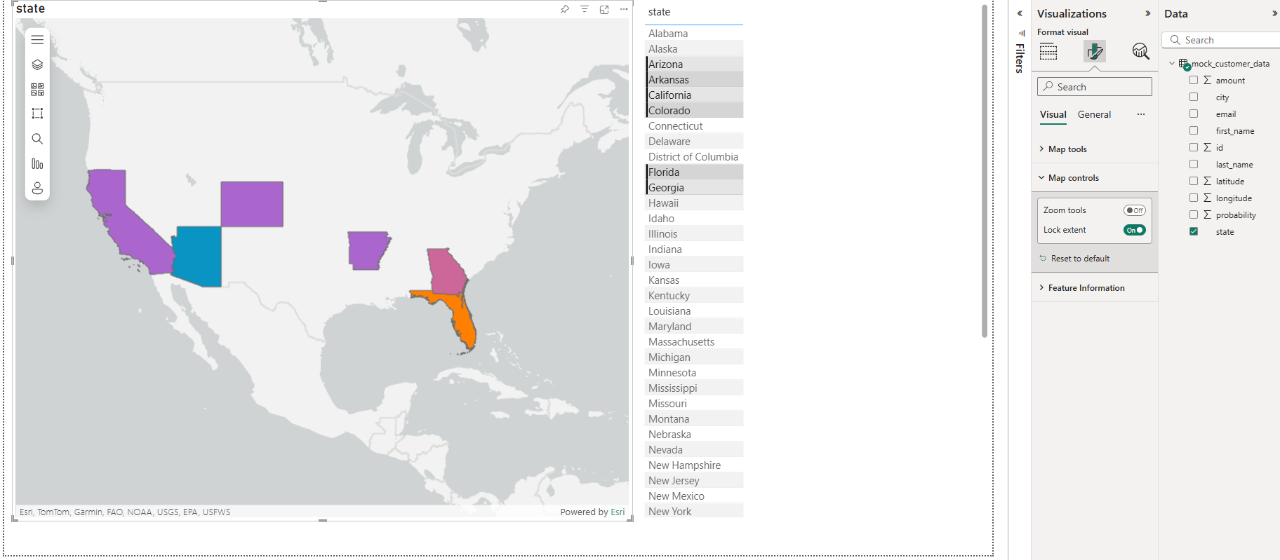 Multiple states are showing selected in the Table visual and the same multiple states are showing filtered on the map.