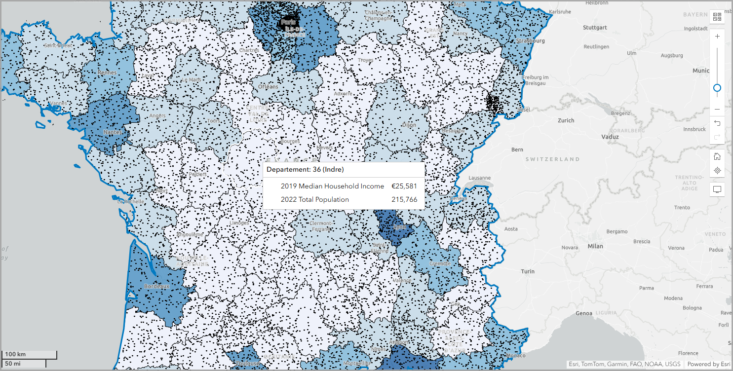 Create a color-coded map to visualize median household income and total population in France.