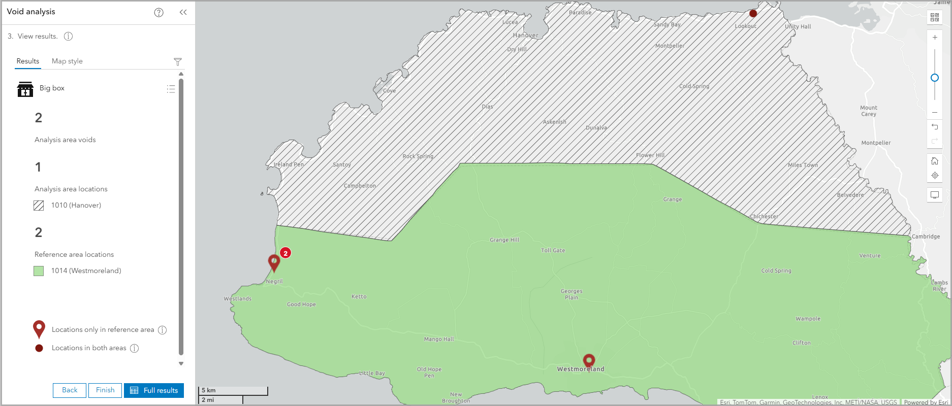 Compare big box stores in two Jamaican parishes to identify gaps in businesses.