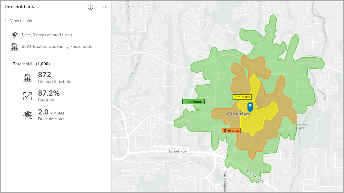 Map threshold areas of 1,000, 5,000, and 10,000 family households around an art gallery in Canada.