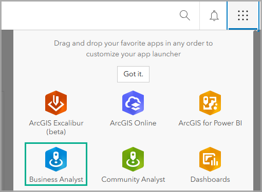 Click Business Analyst from the ArcGIS Online App launcher.
