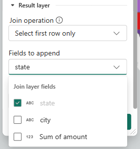 Join operation is shown with Select first row only selected. Fields to append menu options are showing state, city, Sum of amount.