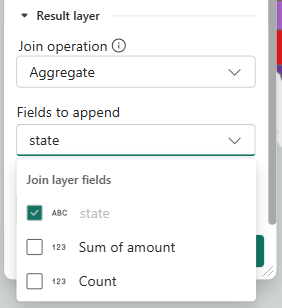 Join operation is shown with Aggregate selected. Fields to append menu options showing are state, Sum of amount, Count.