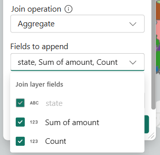 Join operation is shown with Aggregate selected. Fields to append menu options show fields state, Sum of amount, Count. All fields are selected.