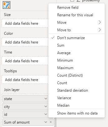 Showing Sum of Amount in the Join layer field well with menu open and "Don't summarize" selected.
