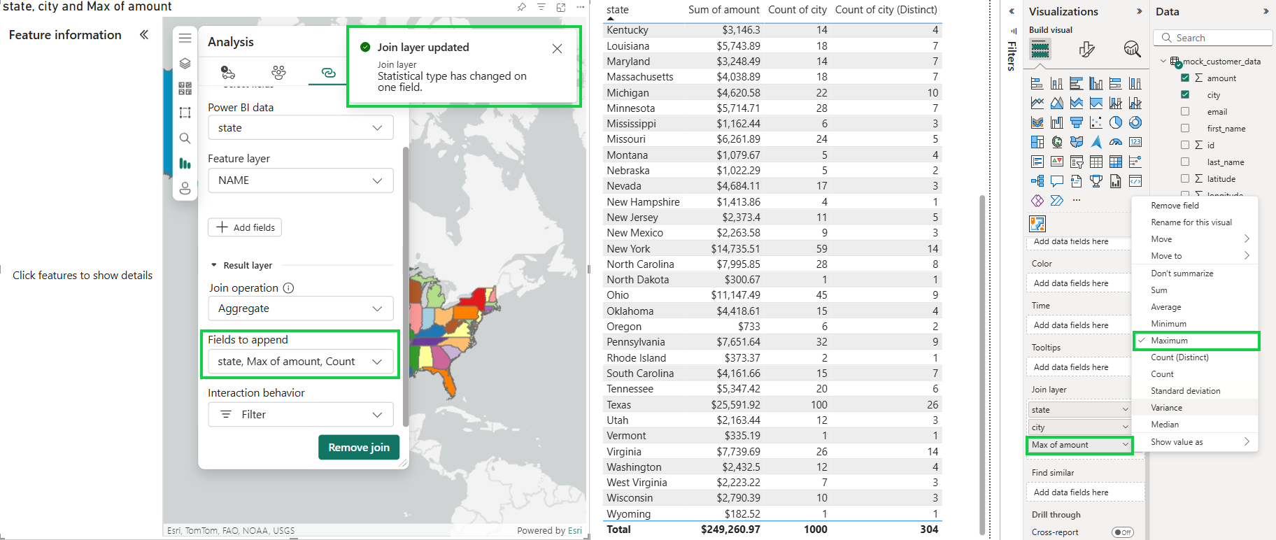In the Join layer field well "Maximum of amount" field is shown while menu is open and changed to "Maximum". In the Join layer tool, Fields to append now shows: state, Max of amount, Count. Join layer updated message shows that Statistical type has changed on one field.