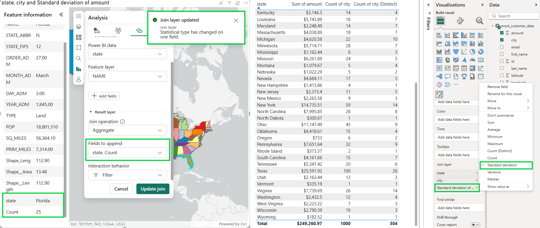 In the Join layer field well "Standard deviation of ..." field is shown while menu is open and changed to "Standard deviation". In the Join layer tool, Fields to append now shows: state, Count. Join layer updated message shows Statistical type has changed on one field.