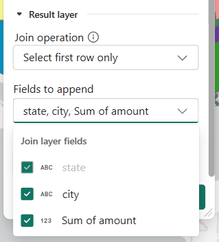 Join operation is shown with Select first row only selected. Fields to append menu options show fields state, city, Sum of amount. All fields are selected.