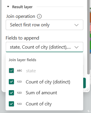 Join operation is shown with Select first row only selected. Fields to append is showing fields state, Count of city (distinct), Sum of amount, Count of city. All fields are selected.