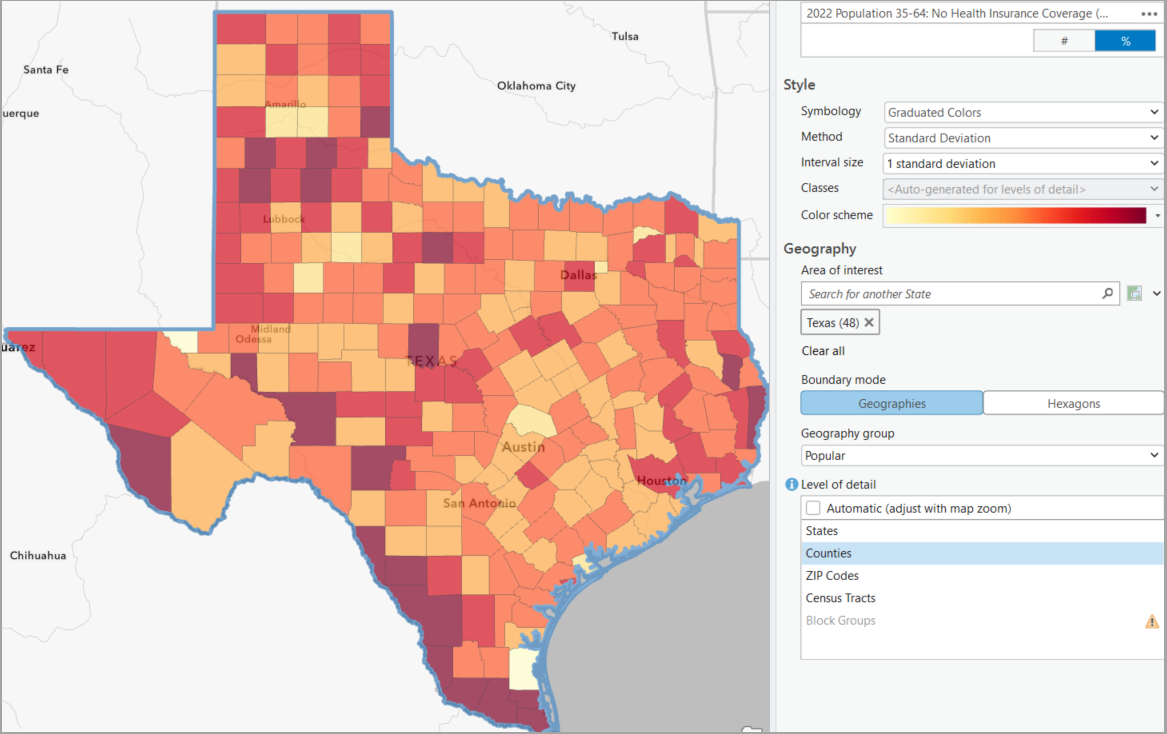 Uninsured population by county