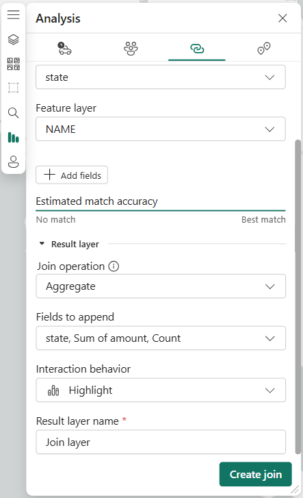 Join layer tool is showing with all options selected and ready to create join.