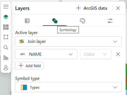The Layers pane is shown with Symbology tab selected and NAME selected as the Color field.