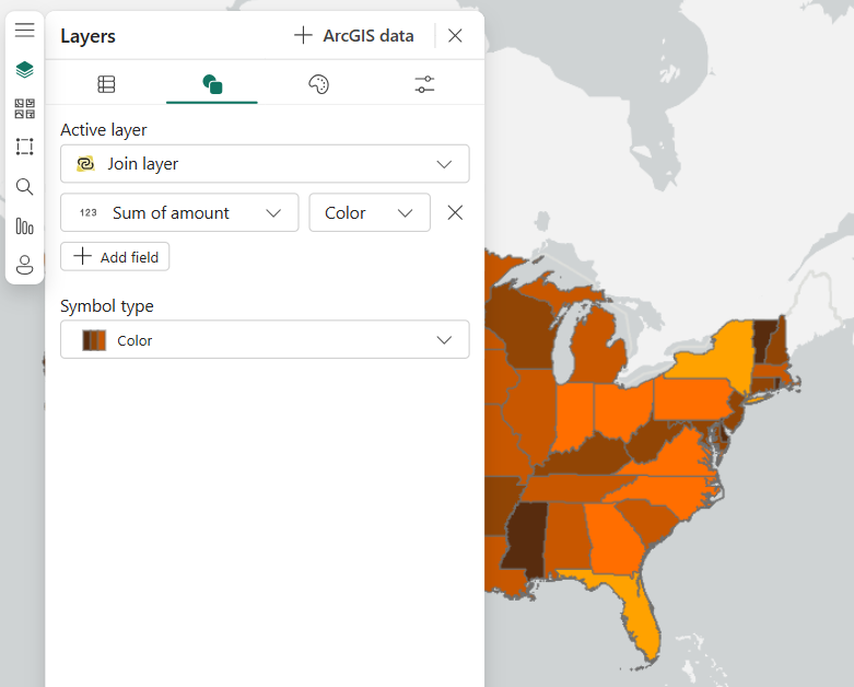 The Layers pane is shown with Symbology tab selected and Sum of amount selected as the Color field. States on map are rendered in brown to orange tones.