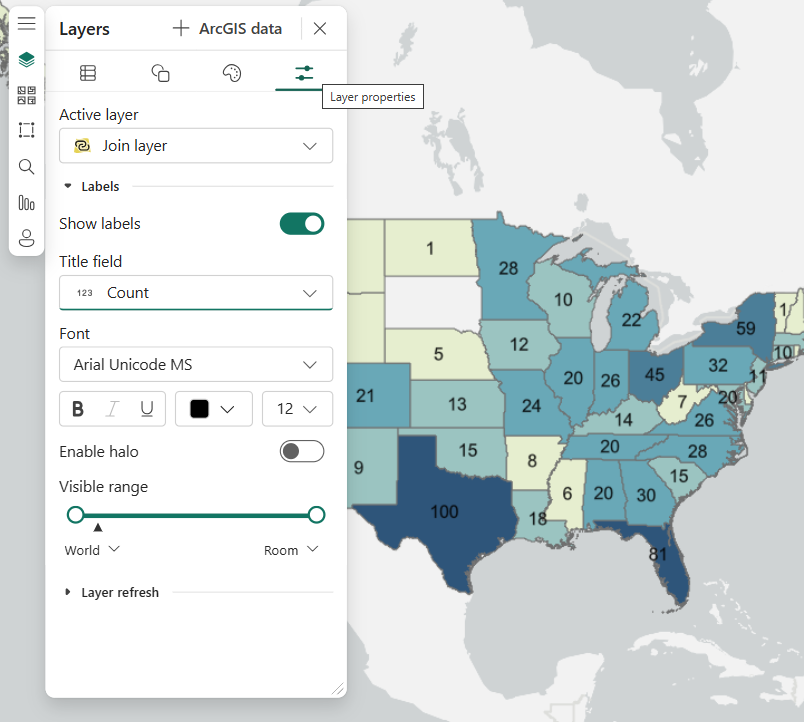 The Layers pane is shown with the Layer properties tab selected and Labels section expanded. Using Count as Title field. Map is updated with count value label showing in each state.