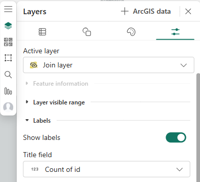 The Layers pane is shown with the Layer properties tab selected and Labels section expanded. The Title field is shown with Count of id selected.