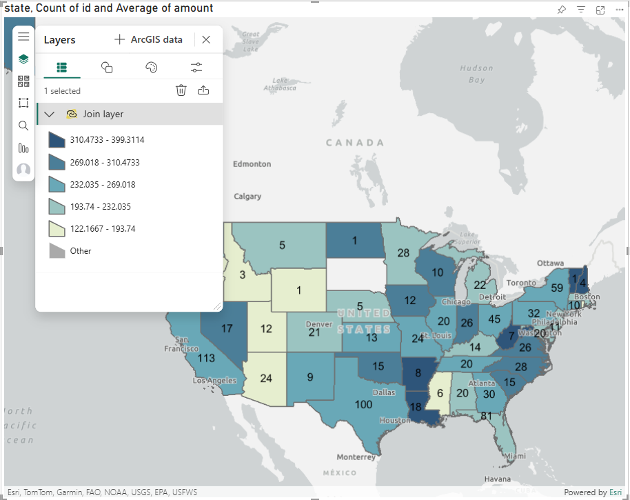 The Layers pane with join layer legend expanded is showing an updated legend with Average of amount values and Blue 2 color ramp tones. The map is shown rendered in the same color ramp tones and with each state labeled with Count of id.