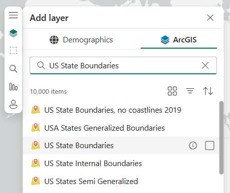 The Add layer pane is shown with the focus on the US State Boundaries layer.