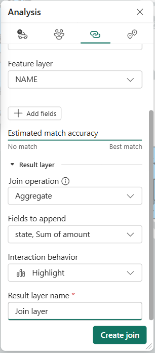 The Join layer tool is shown with options selected and ready to Create join.
