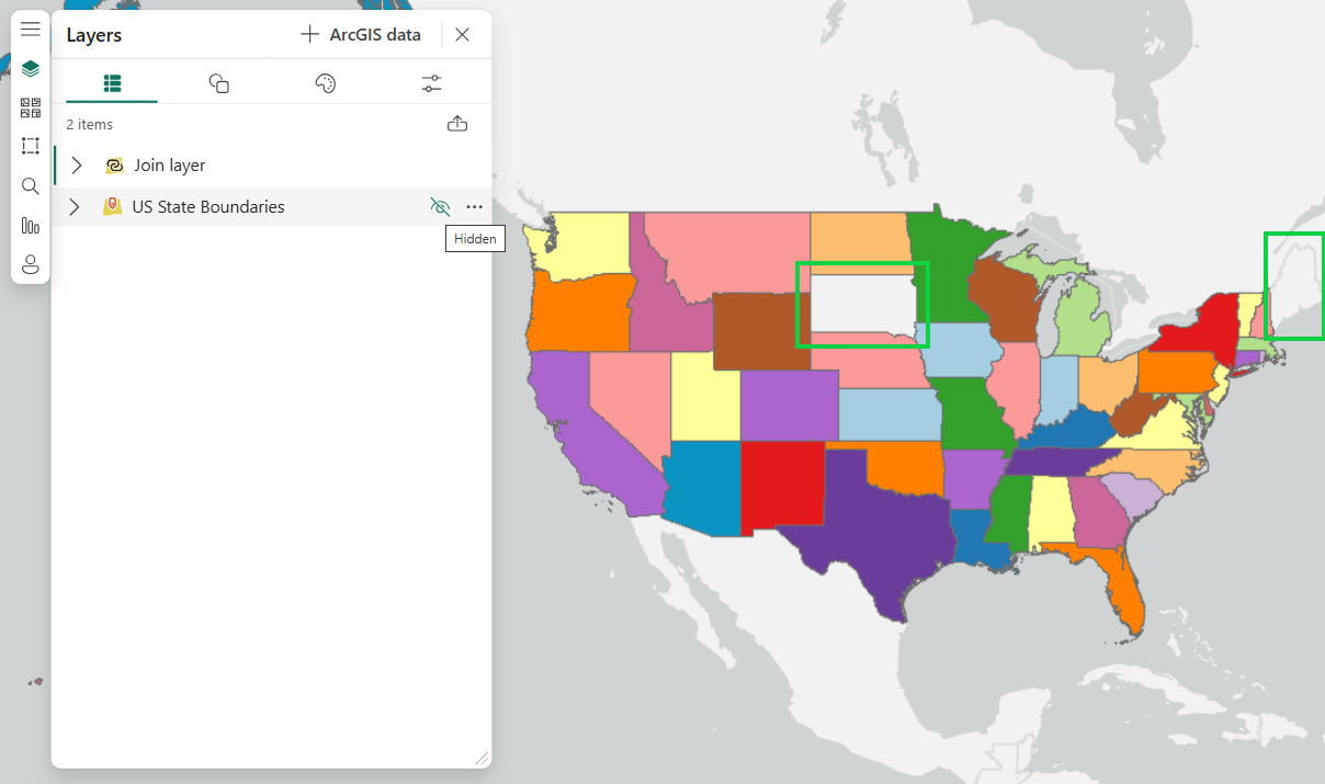 The Layers pane is shown with Join layer and US State Boundaries layer (hidden). On the map, South Dakota and Maine are rendered white (blank) while all other states are colored.