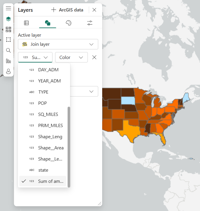 The Layers pane is shown with the Symbology tab selected and Sum of amount selected as the Color field. On the map, the join layer is styled in shades of a brown to orange color ramp, and states South Dakota and Maine are contrasted in a light blue color.