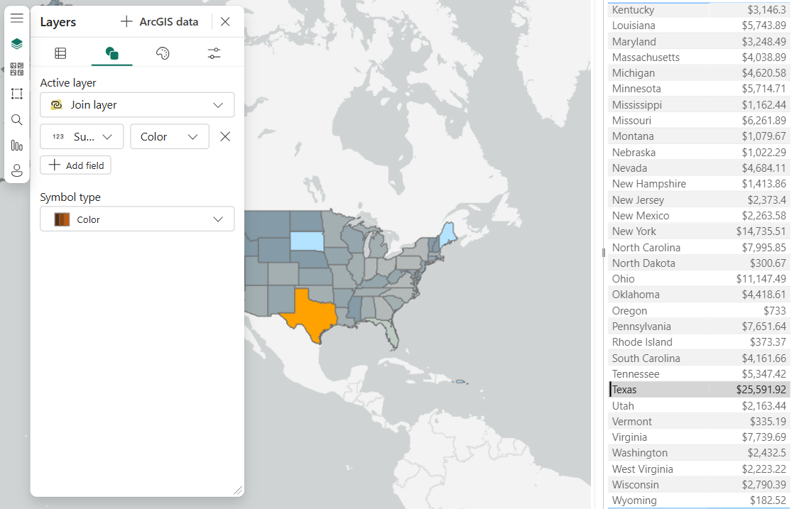 The map is showing the selected feature (Texas) in orange, the unselected features (other states) in gray tones, and the features not included in the join (South Dakota and Maine) in light blue.
