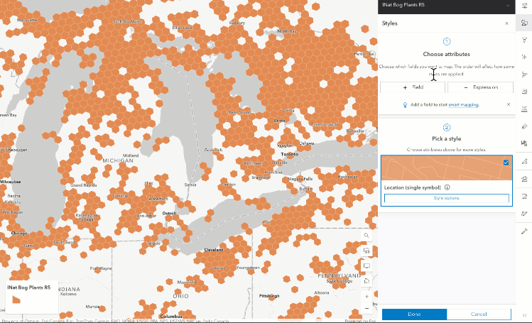 A screen recording demonstrating the workflow for adding data fields to a smart mapping visualization and Map Viewer suggesting the predominant size and category visualization. From there, the style was further configured using transparency and color schemes.