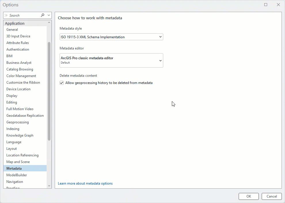 In the Options dialog window, click the Metadata Editor drop-down to switch to the ArcGIS Metadata Editor.