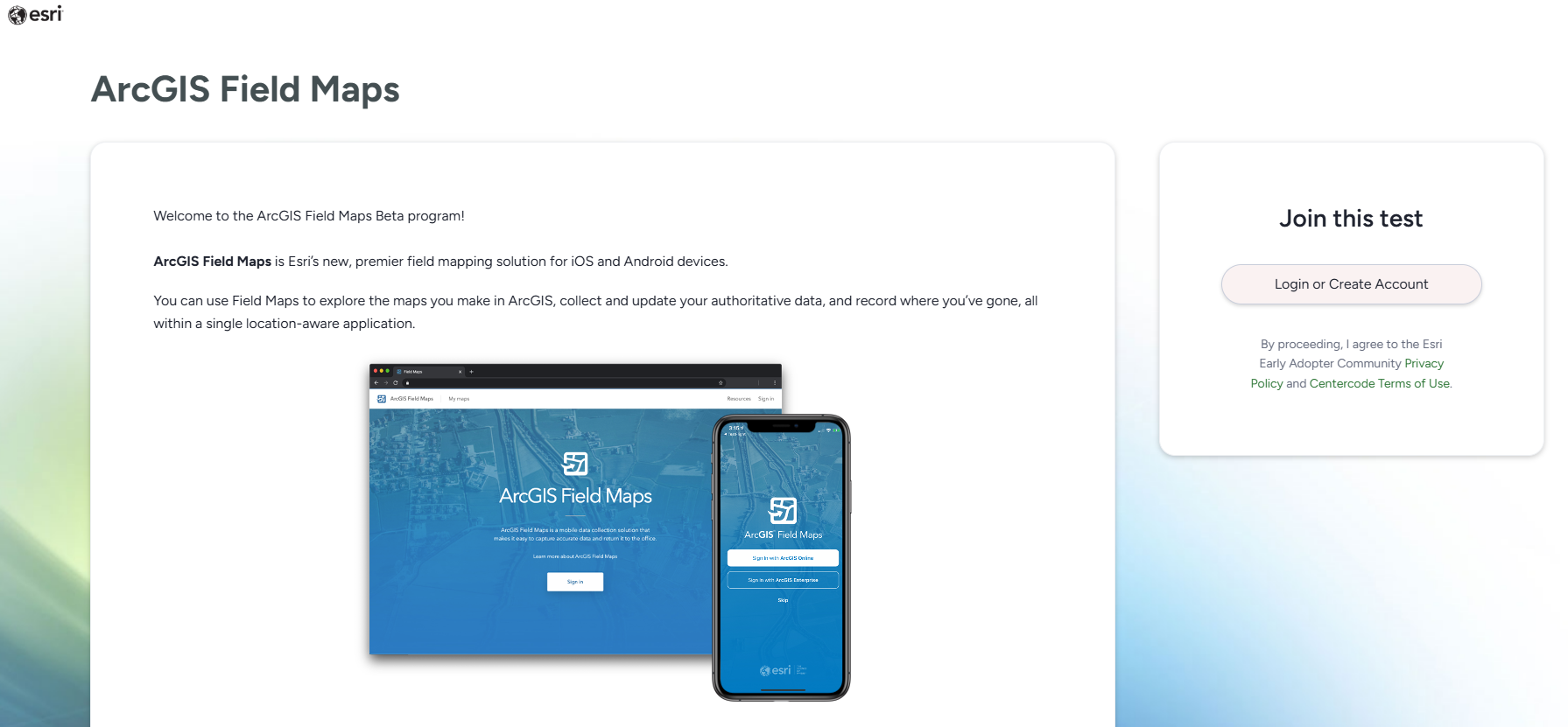 Field Maps Early Adopter sign up page