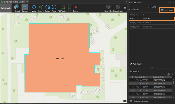 A map view of the selected feature with the Edit Feature pane open for editing
