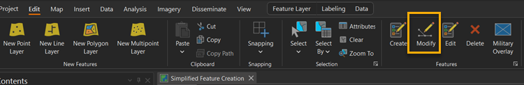 ArcGIS AllSource Edit tab, with Modify button located in the Features group