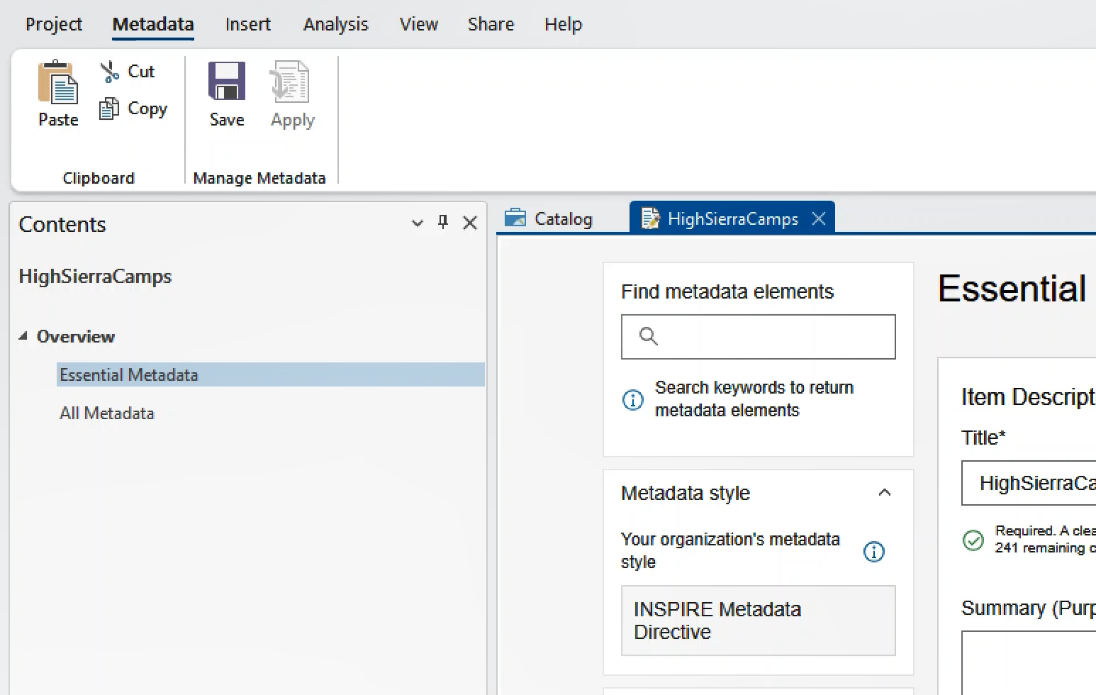 In the Contents pane you will find two tabs Essential Metadata and All Metadata.