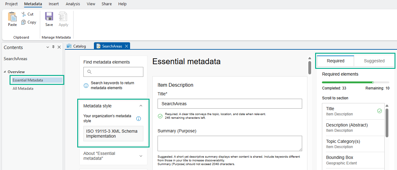 Green boxes around Essential Metadata, Metadata Style, and Required and Suggested tabs.