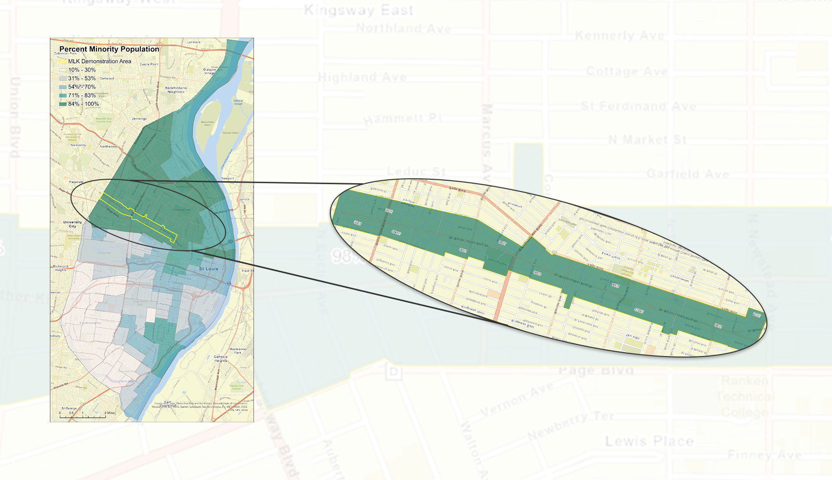 Zoom in of MLK Corridor on St Louise map with a map background