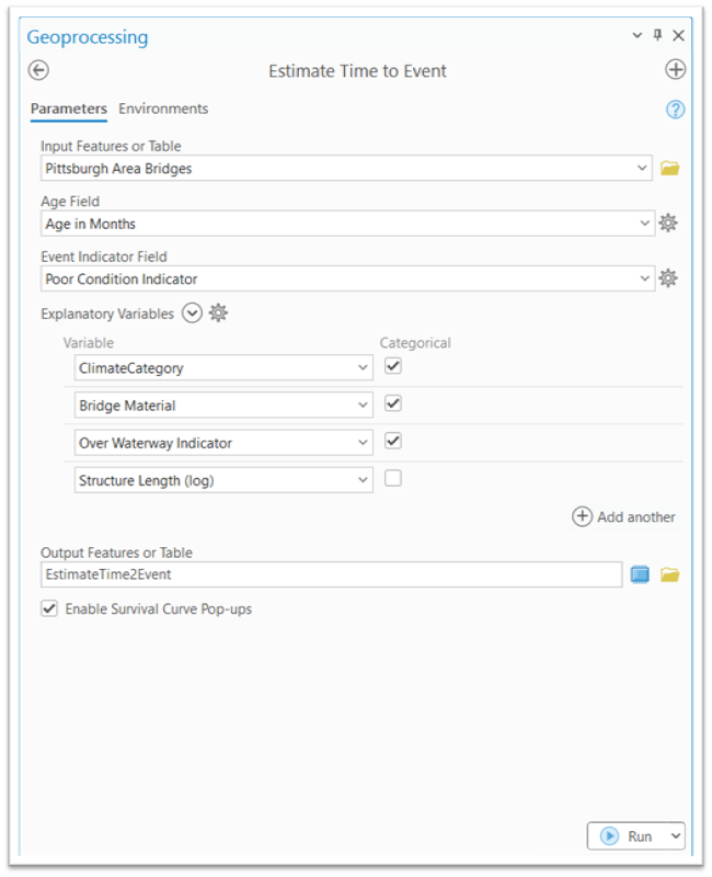 Estimate Time to Event Tool with the parameters filled in using the new Age and Indicatory field, as well as the specified explanatory variables.