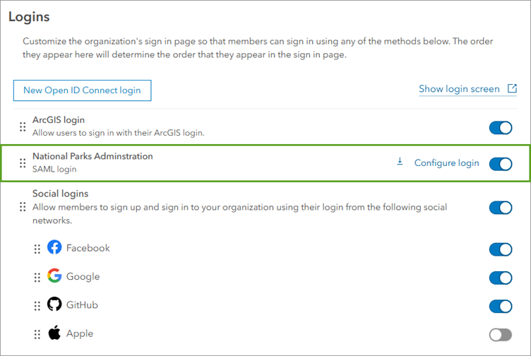 Logins section of security settings with SAML login setting highlighted