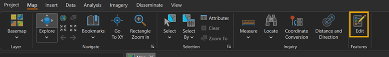 ArcGIS AllSource Map tab, with Edit button located in the Features group