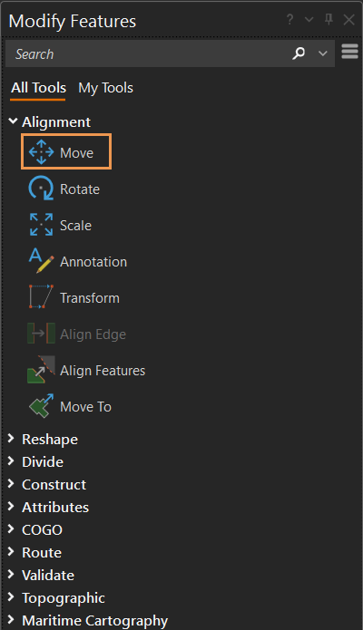 Modify Features pane with Alignment tools open