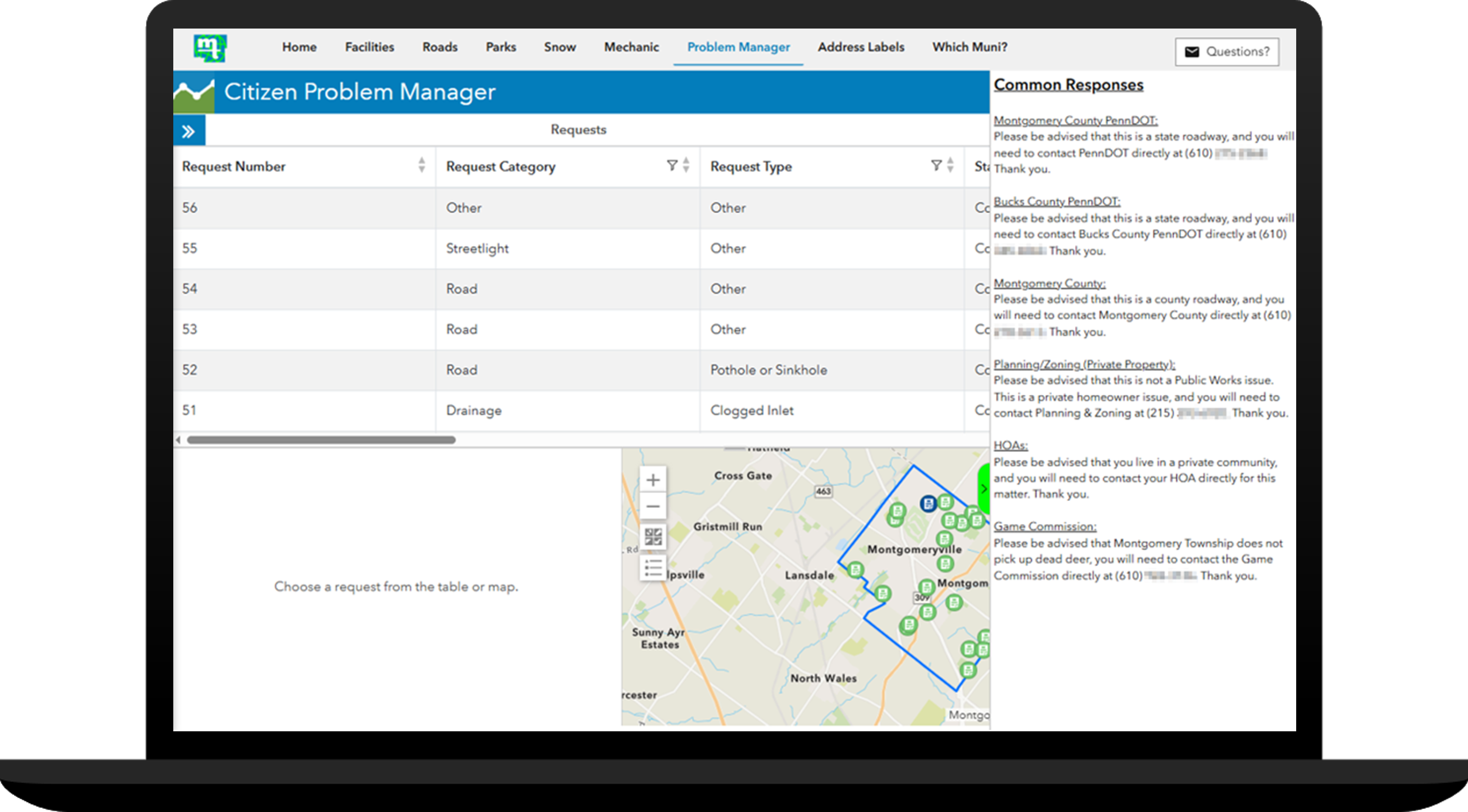 Citizen Problem Manager app with the Common Responses sidebar open on the right.