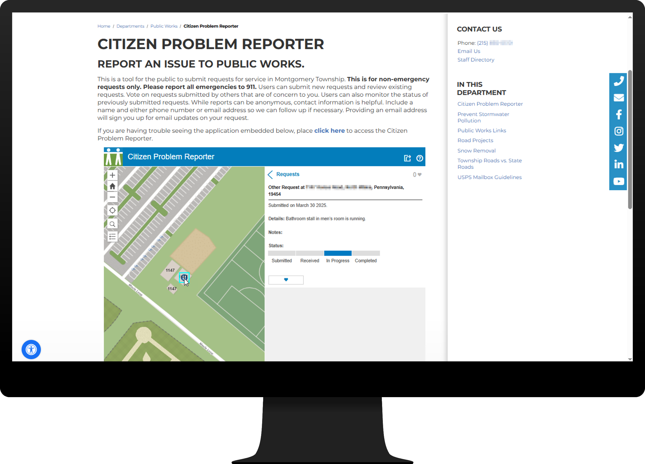 Citizen Problem Reporter app shown on a desktop with a report selected.